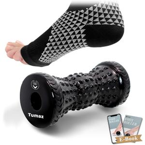 Tumaz Foot Compression Sleeves & Foot Roller Set for Women & Men - Plantar Fasciitis Compression Socks for Improving Blood Circulation, Foot Pain Relief, Edema (Black) (Diamond(black) 2-piece Set)