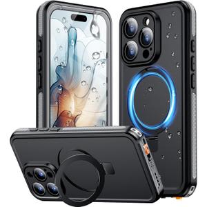 Temdan Magnetic for iPhone 16 Pro Max Case Waterproof, [Built-in Ring Invisible Stand & Screen Protector][IP68 Underwater][Dropproof][Dustproof][Real 360] Shockproof Protective Phone Case 6.9'' -Grey