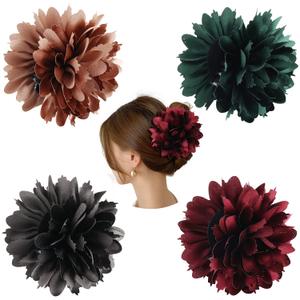 Cinaci 4 Pack Big Large Satin Rose Flower Plastic Hair Claws Clips with Bow Barrettes Clamps Bun Chignon Updo Holders Hair Accessories for Women Girls (Dark Champagne, Dark Green, Burgundy and Dark Gray)