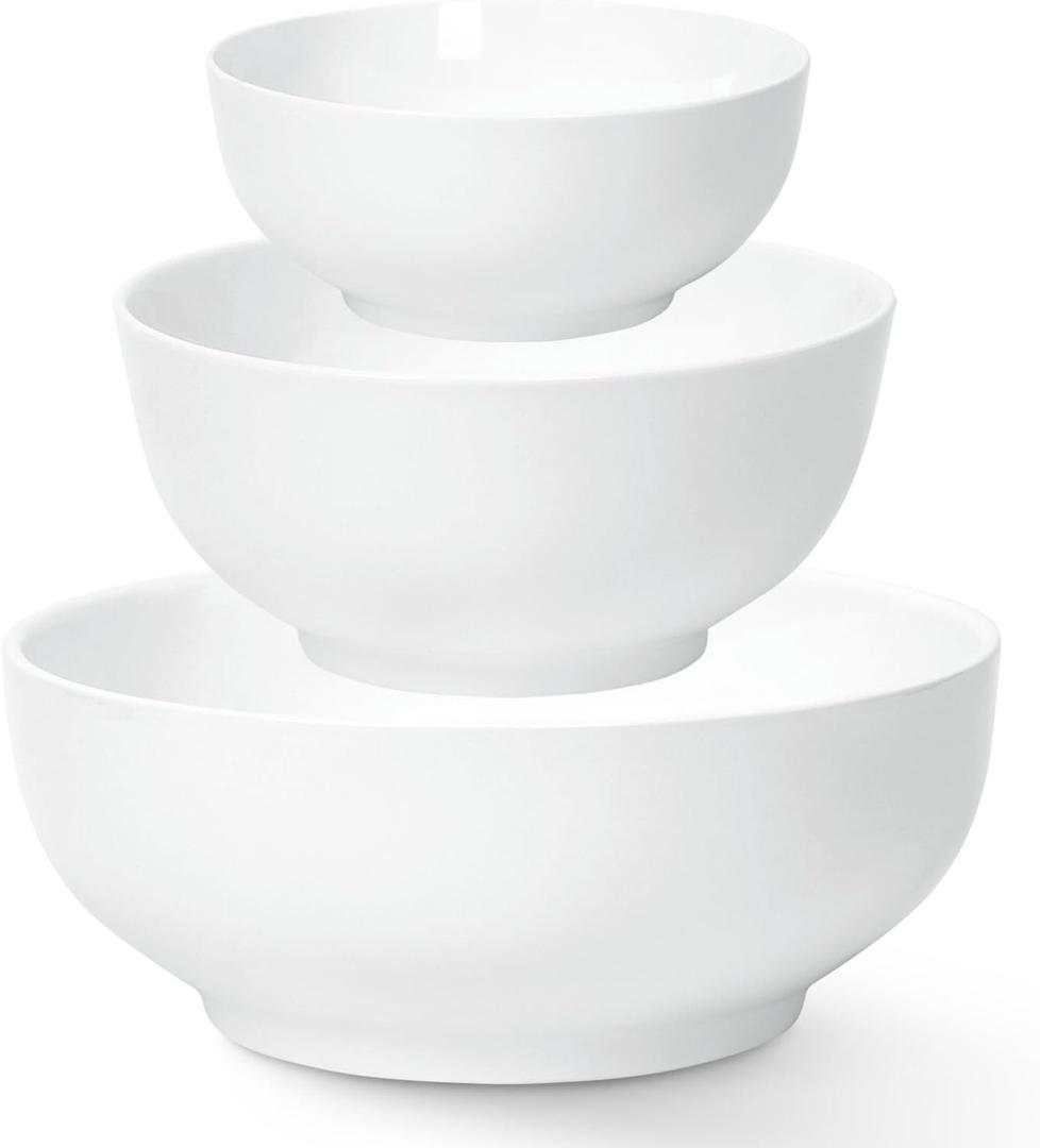 DOWAN Large Serving Bowls, Salad Bowl Set, 86/36/24 Ounces Mixing Bowls for Kitchen, White Soup Bowl, Serving Bowls Set of 3, Ceramic Bowl Sets for Family Party