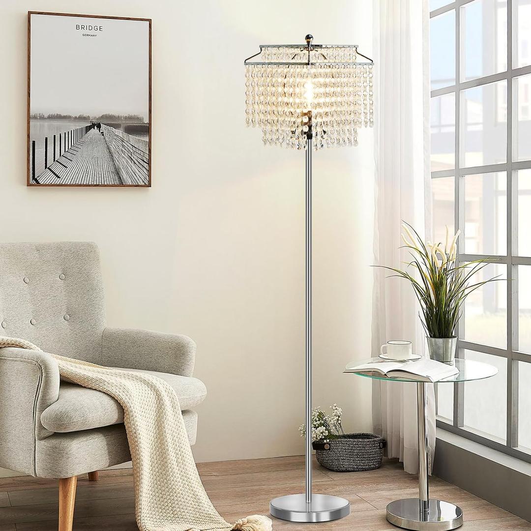 Luvkczc Crystal Floor Lamp, 64" Tall Modern Standing Lamps with Double-Layer Lampshade, On-Off Foot Switch, Silver Finish Pole Lamp for Living Room, Bedroom, Office, 8W Bulb Included