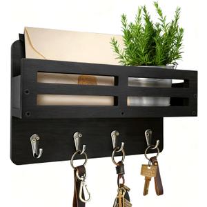 KISENG Key Holder Wall Mount, 10 inch Decorative Key and Mail Holder for Wall, with Mail Organizer & 4 Key Hooks, Rustic Wooden Key Rack for Hanging Dog Leash Sunglasses, Entryway Key Hanger, Black
