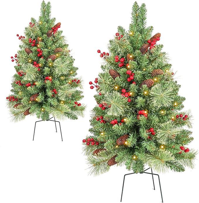 Christmas Tree 36 inch Prelit 2 Set Pathway Porch Christmas Trees Pre-Light LED Battery Operated Outdoor Xmas Decor for Entrance Driveway, Yard, Garden