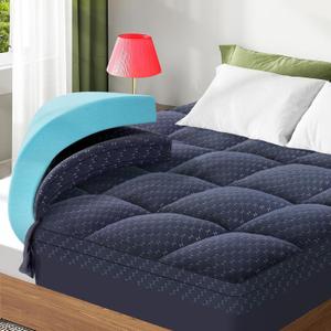 Dual Layer 3 Inch Memory Foam Mattress Topper Twin Size, 2 Inch Gel Memory Foam Plus 1 Inch Cooling Pillow Top Mattress Pad Cover, with 8-21 Inch Deep Pocket, Navy Blue