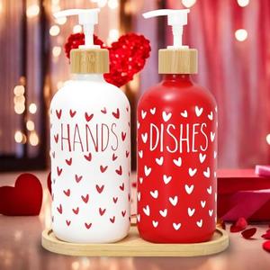 FYSUIMU 1 Pcs Valentine's Day Soap Dispenser Glass Soap Dispenser with Pump Red White Heart Refillable Liquid Container for Hands Dishes Party Home Kitchen Bathroom Decor
