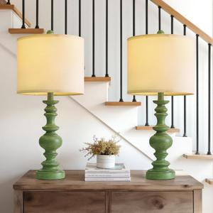 BOBOMOMO 24" Farmhouse Table Lamps Set of 2  Sage Green Bedside Lamps with Linen Shades, Medium Traditional Lamps for Living Room, Bedroom, and Entryway, Vintage Lamp with Soft Natural Serenity