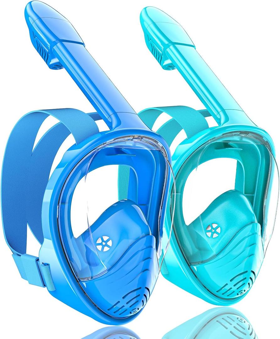 QingSong Kids Snorkel Mask Full Face, Snorkeling Set with Camera Mount, Foldable 180 Degree Panoramic View Snorkeling Gear Anti-Fog Anti-Leak (X-Small, Blue/Lake Blue)