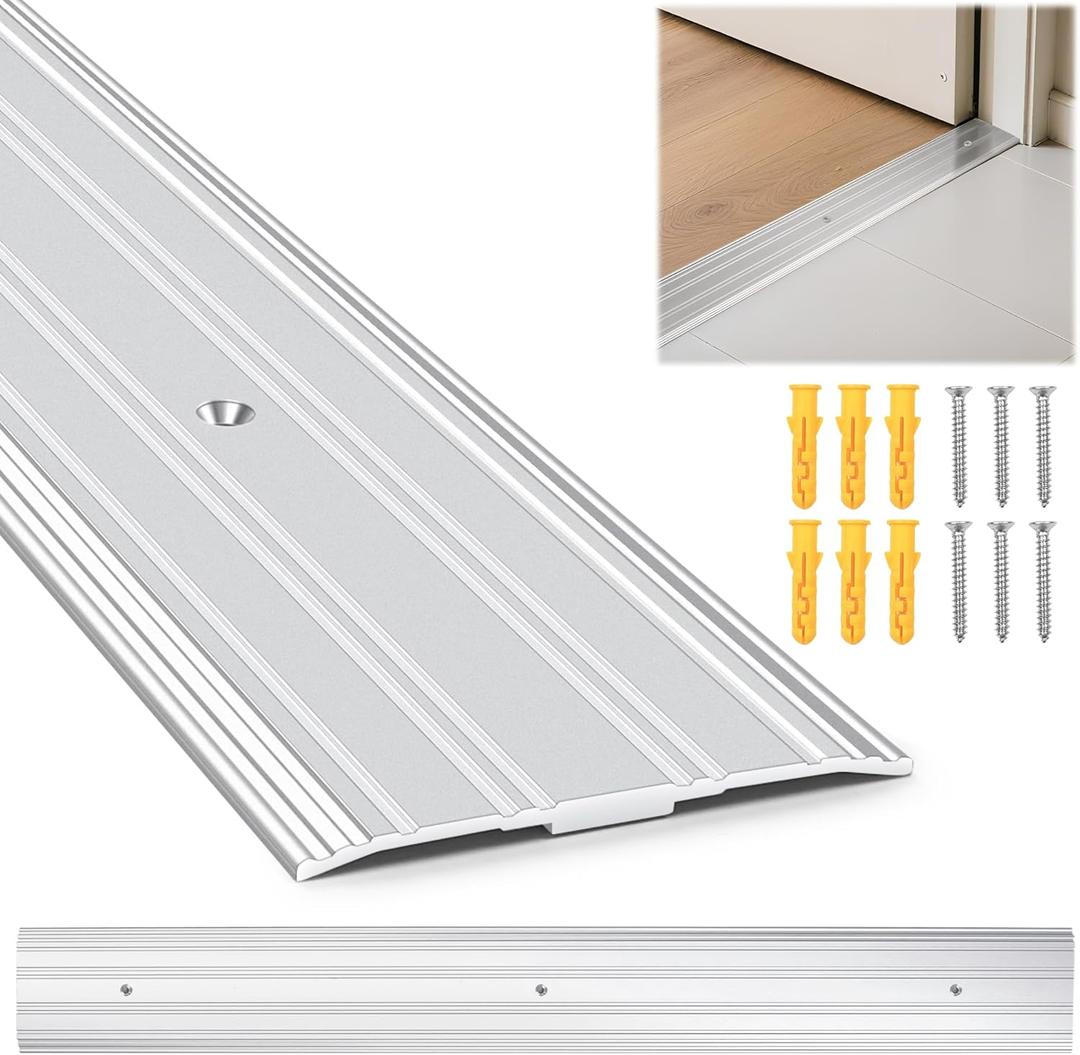 Aluminum Door Threshold - 36" L x 3" W 2PCS Exterior Floor Transition Strip with Pre Drilled Holes and Expansion Screws, Non-slip Fluted Saddle Threshold Flat Profile Threshold, Prevent Dust & Airflow