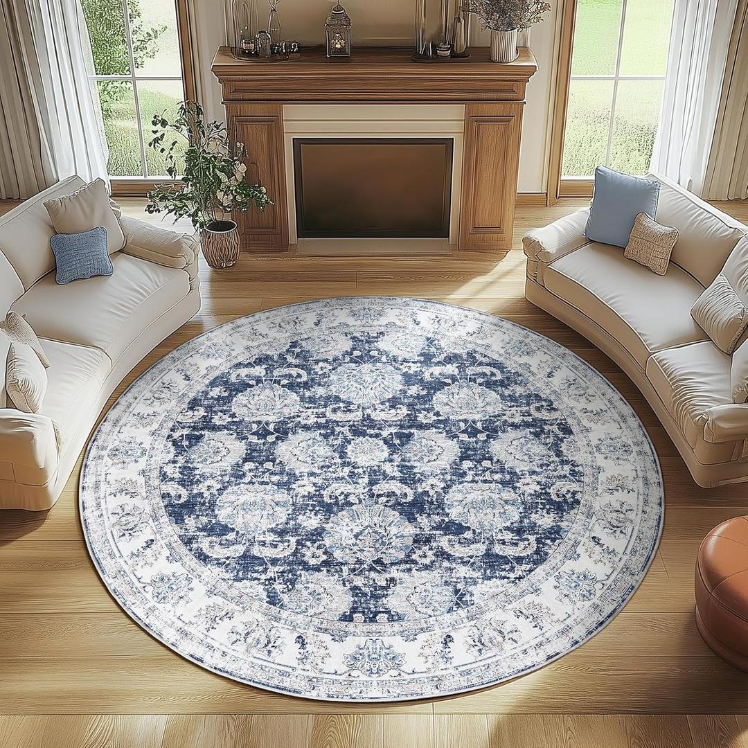 Jinchan Fiora Round Rug 7ft Area Rugs Vintage Floral Distressed Design Machine Washable Non-Slip Low-Pile Ultra-Thin Circle Rug for Living Room Dining Room Bedroom Farmhouse (7' Round, Dark Blue)