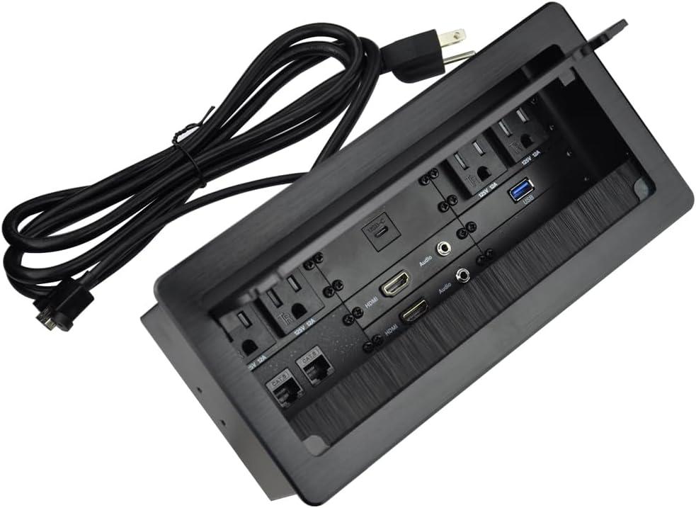 Tabletop Multimedia Connectivity Box with 4 AC Power+2 HDMI+2 RJ45+1 USB3.0 Port +1 USB-C +2 Audio with 5.58ft Power Cord for Conference Room(Black)