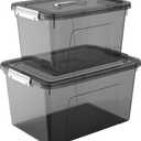 JUJIAJIA Plastic Storage Bins with Lids, 2 Pack Mixed Sizes (7 Qt, 16 Qt) Clear Black with Lid Stackable Organizer Boxes with Latches for Closet, Pantry, Bathroom, Office