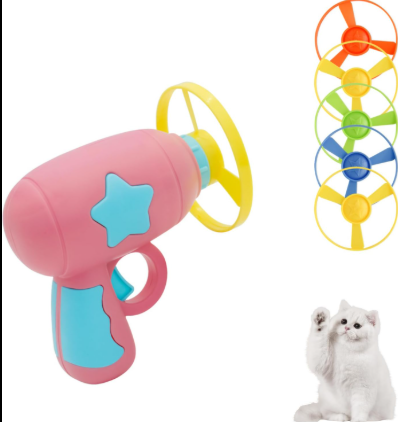 Andiker Cat Fetch Toy, Interactive Kitten Flying Disc Launcher Toy with 5 Colorful Flying Propellers for Cat Enrichment, Flying Saucer Toy for Cats for Training and Chasing (Pink)