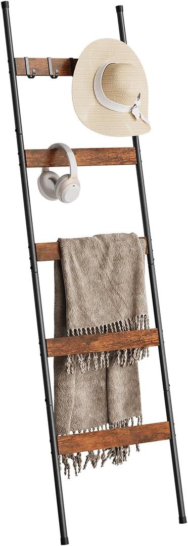 ELYKEN Blanket Ladder for Living Room, Farmhouse 5-Tier Quilt Holder with 4 Removable Hooks for Bathroom, Wood Towel Rack Display, Wall Anchor Leaning Decorative Stand for Home, Rustic Brown (17.3" x 63")