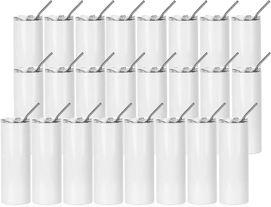 PYD Life 24 Pack Sublimation Tumblers Blanks Skinny 20 OZ White Straight Bulk Stainless Steel Cups with Metal Straw and Lid for Tumbler Heat Press Machine Sublimation Print, 24 Count