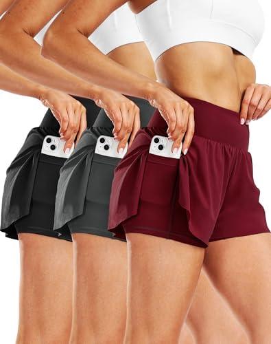 CADMUS 2 in 1 Women's Spandex Athletic Shorts Gym Yoga Shorts Pockets (09# 3 Pack: Black & Dark Grey & Red, Large)
