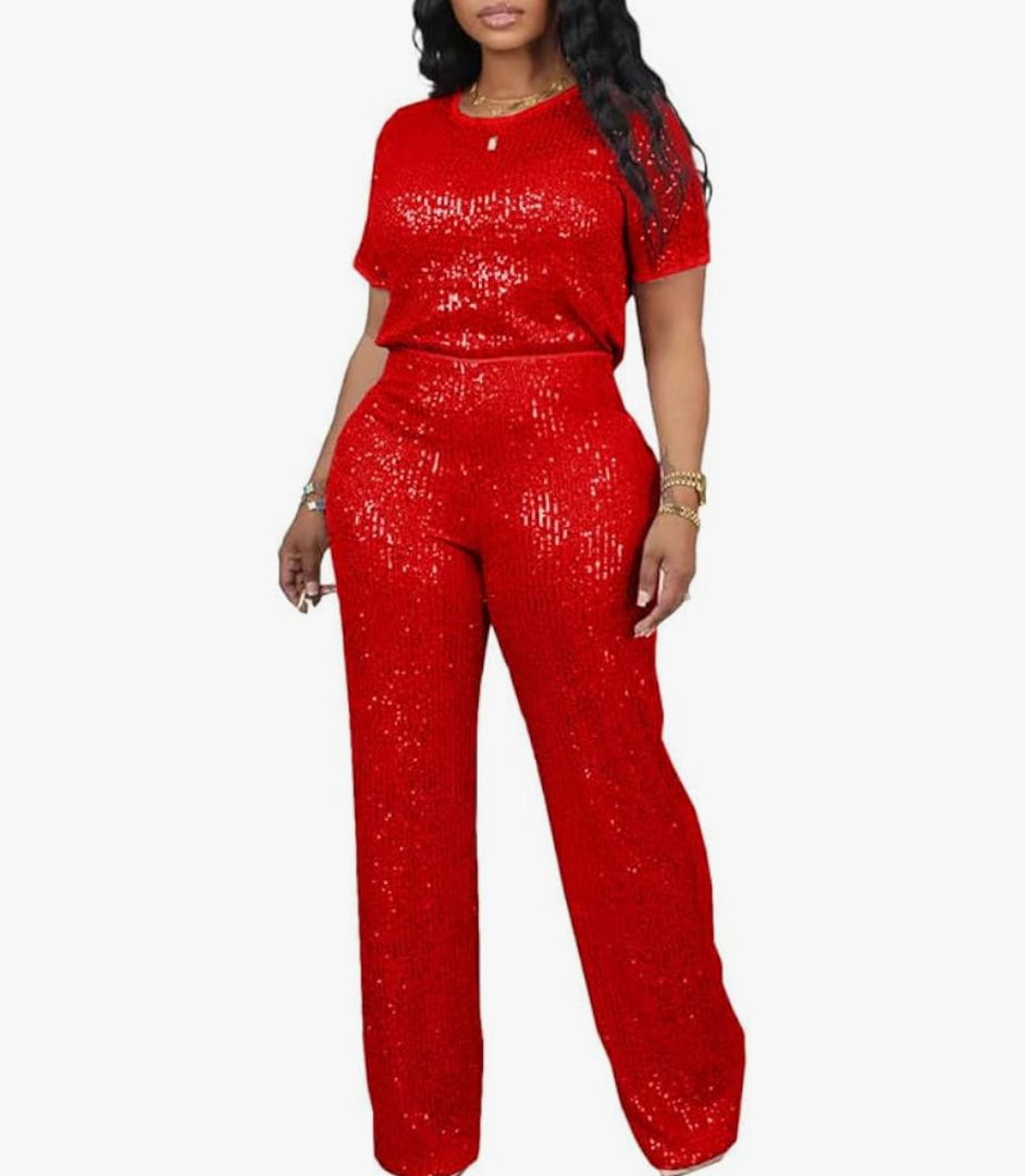 LROSEY Womens Sequin Two Piece Set Glitter T Shirts Top Sparkly Pants Suit for Birthday Party Disco Outfits. XL