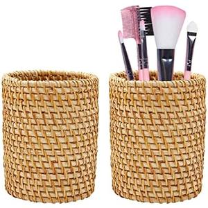 ZUDKSUY 2 Pack Rattan Pencil Holder Handmade Pen Organizer Boho Desk Accessories Pen Cup Holder Aesthetic Holder for Desk Cute