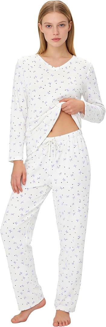 LYCY Womens Soft Stretch Pajama Set, Long Sleeve Rib Knit Sleepwear, Cozy Breathable 2-Piece Pjs Set with Bow Print (White, M)