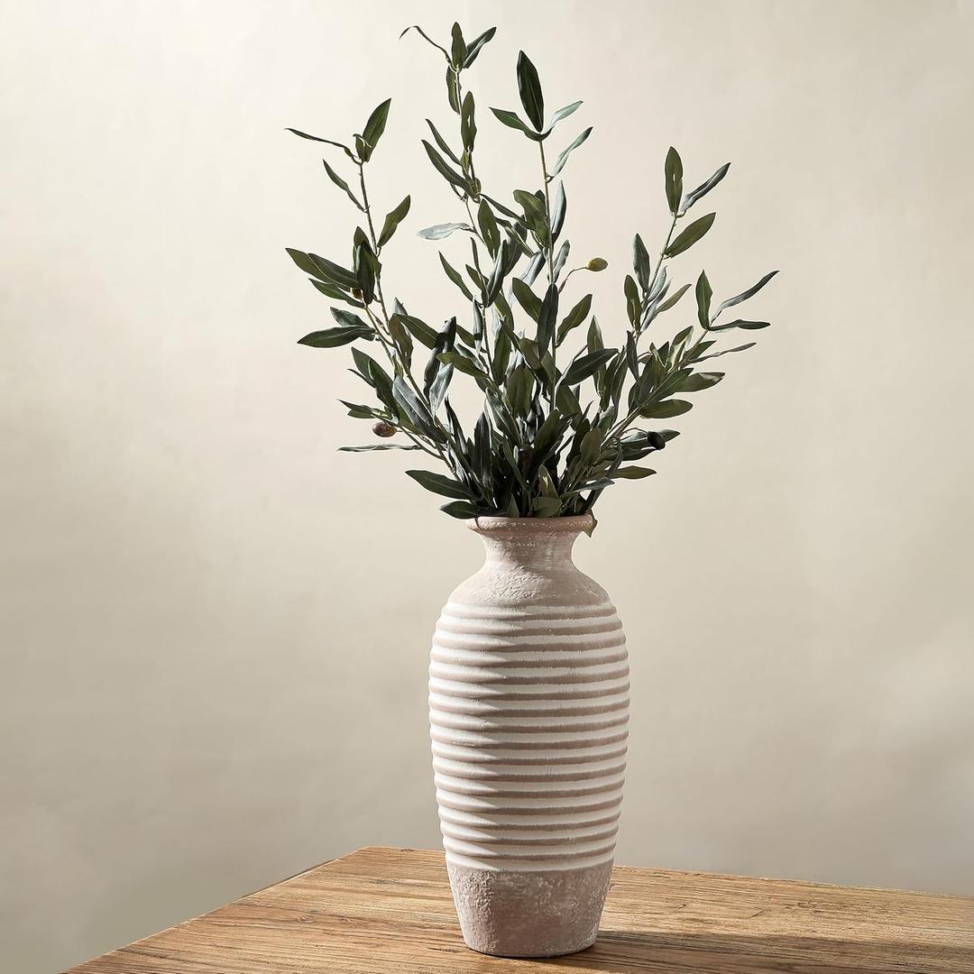 Emotionally Grounded Vase, Vaseking Large Ceramic Rustic Vase, 14.4 inch Minimalist Threaded Decorative Farmhouse Tall Vases for Home Decor, Living Room, Enterway, Table Decoration, Khaki