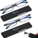 2 Pack Ultra thin Lightweight Folding Reading Glasses Women Men TR90 Blue Light Blocking Anti UV/Eyestrain Foldable Compact Computer Readers Portable Unique Stretchable Slim Flat case Gunmetal +2.5