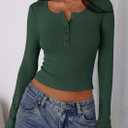 PRETTYGARDEN Women's 2025 Summer Long Sleeve Henley T Shirts Ribbed Knit Button Slim Fitted Basic Casual Going Out Fall Tops (Green, L)