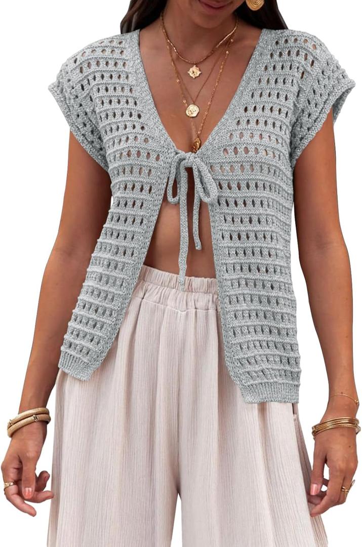 Saodimallsu Womens Tie Crochet Shrug Short Sleeve Open Front Lightweight Knit Cropped Cardigan Sweaters Cover Up (Grey, Medium)