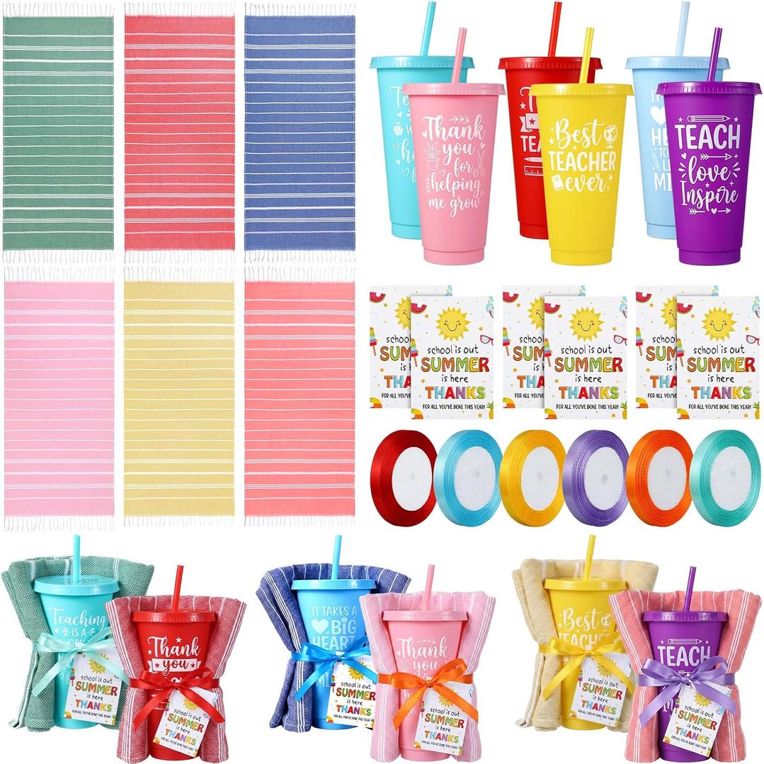 24 Pcs Summer Teacher Gifts Bulk, End of Year Teacher Appreciation Cups 24 oz Plastic Tumblers with Lid and Straw Turkish Beach Towels Thank You Tags and Ribbons, 6 Sets