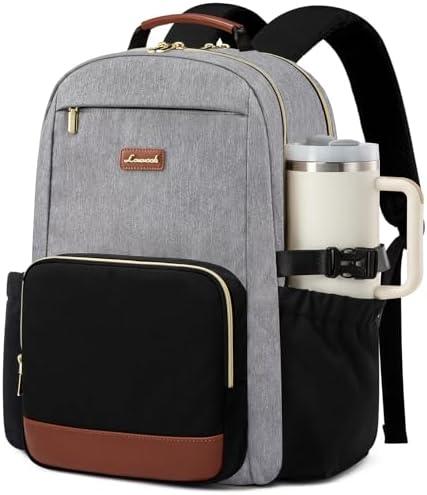 LOVEVOOK Laptop Backpack for Women with Pouch Pocket for Large Capacity Cup,18 Inch Teacher Nurse College Work Backpack Purse,Waterproof Laptop Bag Computer Back Pack for Travel, Grey-Black-Brown