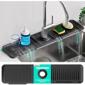 24 Inch Longer Faucet Mat for Kitchen Sink, 5 Slope Fast Self-draining, Kitchen Sink Splash Guard Silicone Sink Faucet Mat Splash Guard Kitchen Sink Area Tidy Splash Faucet Guard Draining Mat (Black)