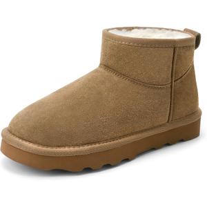 Women's Genuine Suede Winter Mini Boots Water Resistant Snow Booties with Cozy Faux Fur Lining Anti-Slip Memory Foam Insole Lightweight Pull On Ankle Boots Outdoor, Size 8.5 (Beige)