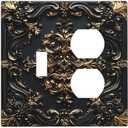 Wuyocha Decorative Light Switch Cover Plate Black Gold Rococo Floral Vintage Baroque 2 Gang Outlet Covers 1 Toggle 1 Duplex Wall Plate Decorate Electrical Switch Plate Covers for Kids Room Nursery