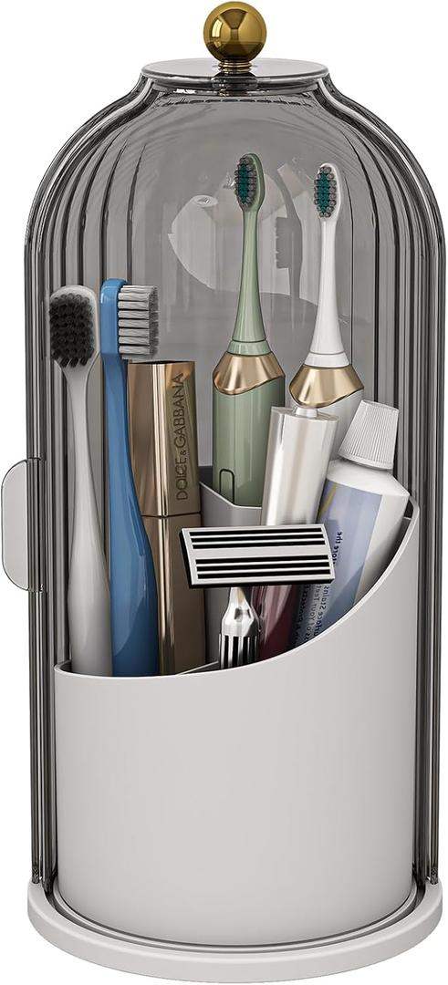 Dustproof Toothbrush Holders with Cover, Rotating Electric Toothbrush and Toothpaste Holder for Bathroom Countertop, 3 Slots Makeup Brushes Organizer, Grey White