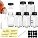 6Pcs 6 oz Square Glass Spice Jars with Label, Empty Spice Containers with Black iron Lids, Square Seasoning Containers and Supplement Set, Small Seasoning Bottles for Salt, Herbs, Sugar, Pepper (6)