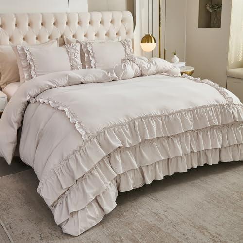 Herside Grey Comforter Set King Size,Waterfall Ruffle Comforter Shabby Chic Farmhouse Bedding Sets,Soft Fluffy Boho Comforter for All Season,3 PCS Cute Vintage Lightweight Quilt Set for Women Girls