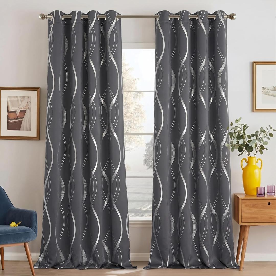 NICETOWN Grey Blackout Striped Pattern Curtains for Living Room 84 inch Long 2 Panels Set, Noise Reducing Thermal Insulated Wave Line Foil Print Bedroom Drapes for Patio Sliding Glass Door (52 x 84)