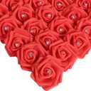 IPOPU 100pcs Red Foam Rose Artificial Flower Bulk with Crystal 3in Real Looking Stemless Fake Roses for DIY Craft Wedding Bouquets Wall Decoration Bridal Shower Arrangement Home Decorations(Red)