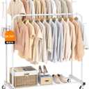 Laiensia Double Rods Garment Rack with Wheels, Clothing Rack for Hanging Clothes,4 Hooks, Multi-functional Bedroom Clothes Rack, White