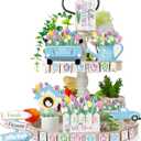 Bucherry Hello Spring Tiered Tray Decor Tulips Table Wooden Sign Decorations Flower Market Tabletop Rustic Farmhouse Decor for Spring Holiday Party Home Kitchen (Tulip Style)