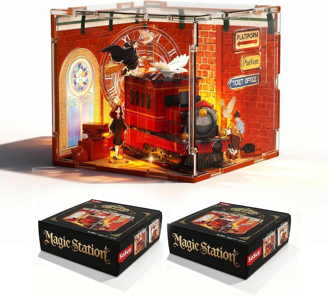 Sosuy Magic Train Station Book Nook Kit: Acrylic Train 3D Puzzle Model with Lights, Magical Platform Scene Wizard, Xmas Gifts Toy for Boys Girls Kids Teens Adults, Desk Room Decor Home Decoration 8+