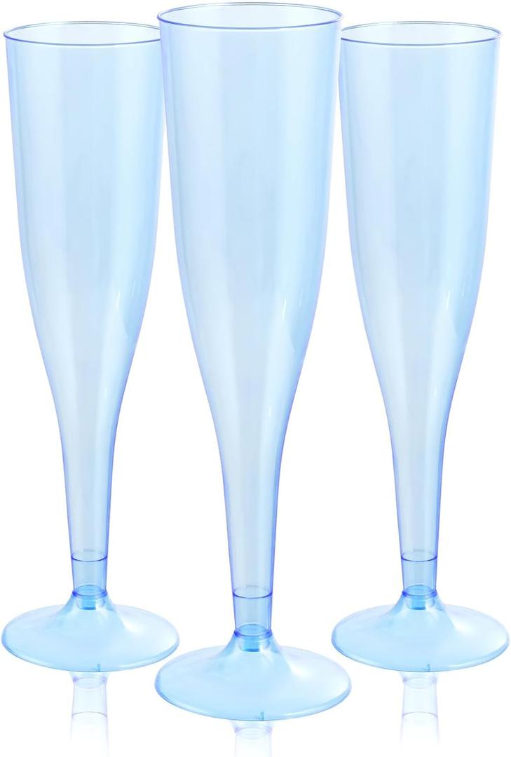 WDF 36 Pack Clear Blue Plastic Champagne Flutes - 7OZ Blue Champagne Flutes Plastic, Champagne Glasses Disposable for Party/Wedding/Birthday/Spring