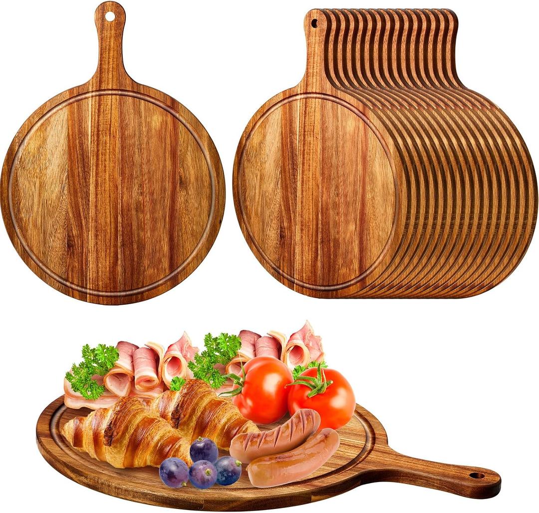 Nuenen 30 Pcs Round Wood Cutting Board with Handle Acacia Bamboo Wooden Serving Kitchen Chopping Boards for Pizza, Bread, Cheese, Charcuterie, Fruit, Vegetables (Acacia), Approx. 15.4 X 11.4 X 0.6 Inches