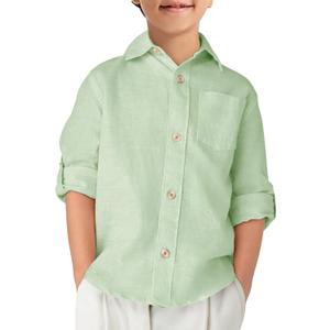 Haloumoning Boys Linen Button Down Dress Shirt Kids Long Sleeve Shirts Tops with Chest Pocket 5-14 Years (Light Green)