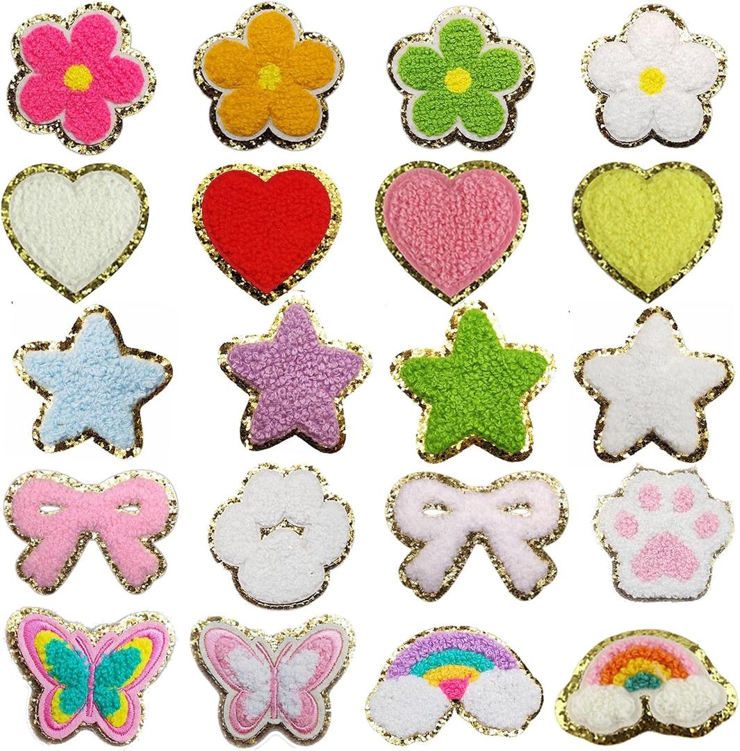 20 PCS Iron on Patches for Clothing, Colorful Chenille Decorative Patches with Sequin Edges in Assorted Designs, Heart Butterfly Flower Rainbow Star(Non self-Adhesive)