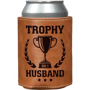 Birthday Gifts for Husband from Wife, Trophy Husband Gifts for Him, Beer Can Cooler Gifts for Men, 12oz Leather Can Sleeves for Hubby, Retirement Anniversary Valentines Day Gift for Him
