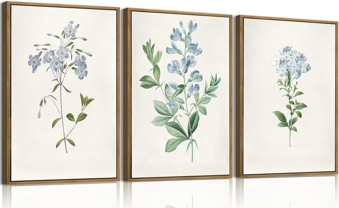 Framed 3 Piece Blue Floral Wall Art Boho Botanical Canvas Prints | Vintage Flower Pictures Wall Decor Minimalist Rustic Paintings Artwork for Living Room Bedroom Bathroom 16x24in