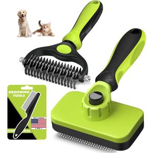 3PCS Self Cleaning Slicker Brush & Pet Grooming Rake & Flea Comb for Dogs,Cats and Horses | Double-Sided Dematting Comb & Skin Friendly Deshedding Grooming Tool (Green)