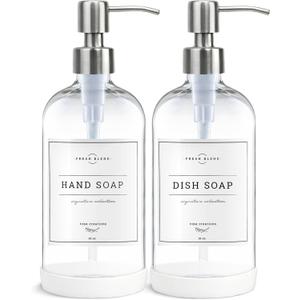 Vine Creations Clear Glass Soap Dispenser, 2 Pack Kitchen Soap Dispenser Set with Stainless Steel Pump, 16 oz Hand Soap or Dish Soap for Bathroom or Kitchen with Waterproof Labels