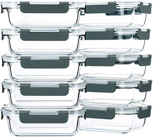 M MCIRCO 10-Pack, 22 Oz Glass Meal Prep Containers, Glass Food Storage Containers with lids, Lunch Containers, Microwave, Oven, Freezer and Dishwasher (Gray)