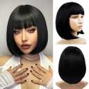 Black Bob Wig With Bangs 12 Inch Short Bob wig for Women Short Bob Wigs Synthetic Fiber Bob Wigs and Halloween Cosplay Wig for Daily Life Colorful Wigs With One Cap (Nature Black)