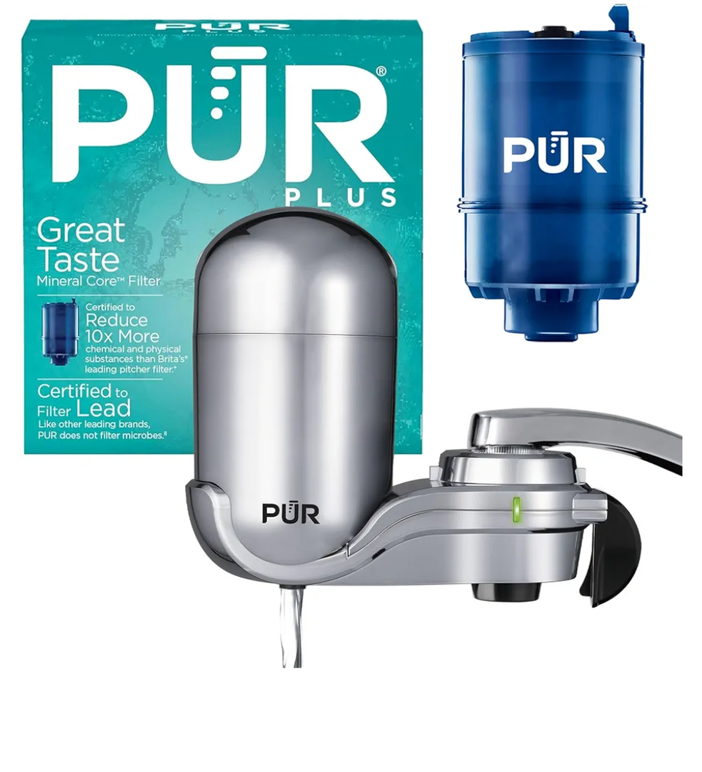 PUR PLUS Vertical Faucet Mount Water Filtration System, Lead-Reducing Filter, Great-Tasting Water, Easy Install, Lasts 100 Gallons, Compatible with Sinks with External Aerators, Chrome